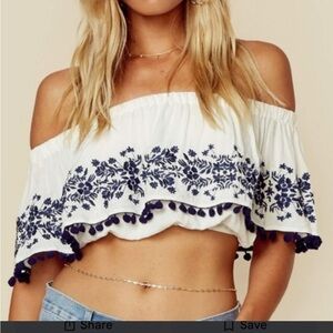 Show Me Your MuMu White Off-Shoulder Crop Top with Navy Embroidery